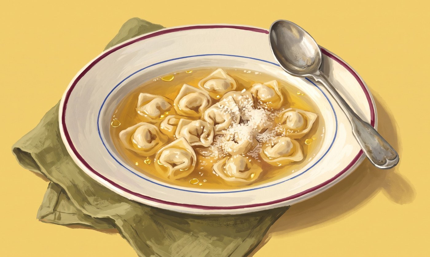 A bowl of tortellini in brodo with a silver spoon on an olive napkin